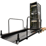 A data center server rack ramp attached to a pallet with a server rack