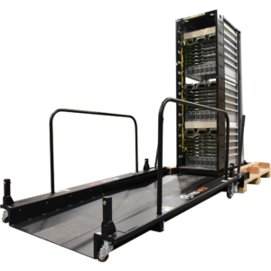 A data center server rack ramp attached to a pallet with a server rack